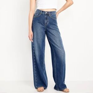 Womens Old Navy Baggy Wide Leg Studded Jeans Size 6 Blue Denim Western Rodeo NWT